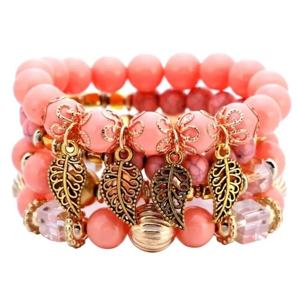 Set of 4 Boho Peachy Pink with Yellow Gold Bead Leaves Stretch Bracelets